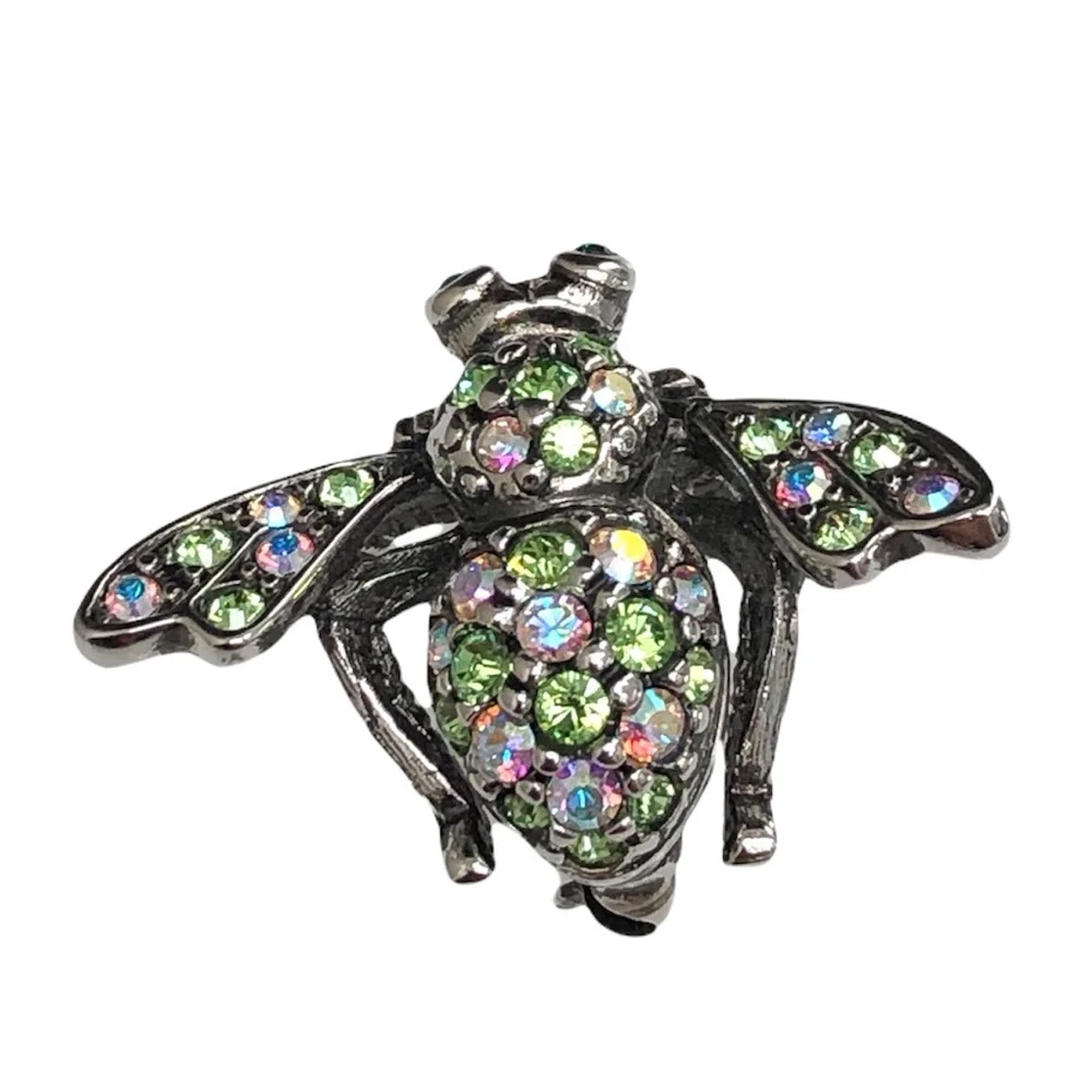 JOAN RIVERS CLEAR AURORA BOREALIS & GREEN CRYSTALS SILVER TONE BUMBLEBEE BROOCH